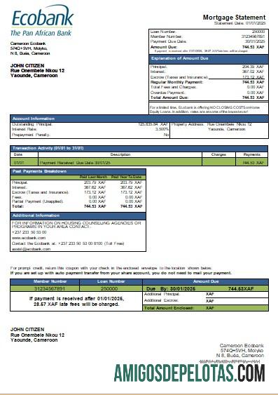 Extrato de hipoteca do Banco Ecobank dos Camarões Scr amostra